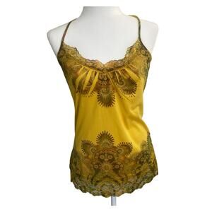 Weavers Mandala Floral Print Cami Sz M Golden/ Yellow Color Lace Trim